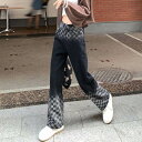 ボトムス パンツ ジーンズ デニム ロング丈 春 秋 ブラックグレー 黒 灰色 チェック柄 市松模様 大きいサイズ ハイウエスト ワイドレッグ ジッパー カジュ...