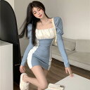 ワンピ ドレス キャバドレス ミニ タイト 個性的 バイカラー パフスリーブ 長袖 レディース 大人可愛い ワンピース パーティードレス 切り替え ボリューム袖...
