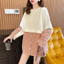 3色 トレーナー シャツ トップス レディース 長袖 ゆったり オーバーサイズ ルーズ ドッキング 重ね着風 ワンピ風 膝上 フェイク ロング丈 個性的 スウェ...