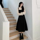 ワンピース レディース フェイク ツーピース ロング丈 Aライン ジャンバースカート 長袖 大人可愛い かっこいい 襟付き 黒 ブラック 無地 セレブ感 きれい...