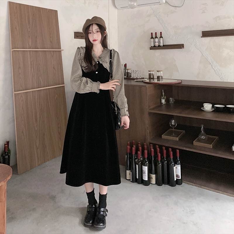 ワンピース レディース フェイク ツーピース ロング丈 Aライン 長袖 大人可愛い かっこいい 襟付き 黒 ブラック 無地 チェック フリル ボタン セレブ感 きれいめ 大人 レトロ 大人可愛い ラブリー L XL 2XL 3XL 4XL おしゃれ カジュアル こなれ感 インスタ映え 春 秋 冬 10代