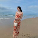 ドレス ワンピース ワンピドレス ミモレ丈 ノースリーブ Aライン リゾート 海 プール レディース 花柄 アプリコット きれいめ 華やか 大人可愛い ウエスト...