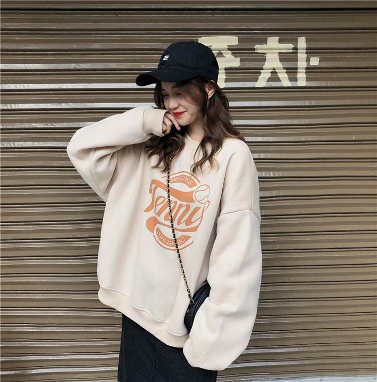 2色 トレーナー スウェット 長袖 ラウンドネック ルーズ プリント 英字 春 秋 冬 アプリコット オレンジ フリーサイズ シンプル カジュアル ストリート ...