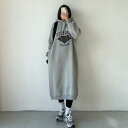 2色 パーカー ワンピース ミモレ丈 ロング丈 ルーズ フード付き 長袖 ポケット プルオーバー ワンピ フーディ 春 秋 プリント ブラック 黒 グレー 灰色...