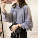 2色 シャツ ブラウス シフォン 無地 レース クール系 きれいめ 大人可愛い キュート ラブリー 上品 長袖 トップス 春 秋 レディース スタンドカラー ボリューム袖 ブルー ホワイト 青 白 大きいサイズ XL 2XL 3XL 4XL 春 秋 スプリング オータム セレブ カワイイ おしゃれ デ