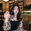 2色 トップス レディース シースルー 黒 茶 長袖 プルオーバー 花柄 襟なし 大人可愛い レトロ かっこいい おしゃれ カジュアル こなれ感 セクシー インスタ映え 秋 冬 10代 20代 30代 通勤 学生 OL 女子会 休日 デート クラブ 普段使い パーティー お揃い 双子 韓国 ファッ