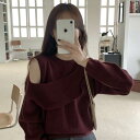 4色 ニット トップス セーター レディース オフショルダー ラウンドネック おしゃれ かわいい 大人可愛い 長袖 プルオーバー 個性的 レトロ 白 グレー 赤...