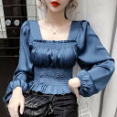 3色 ブラウス シャツ ラフ サテン風 ゆったり パフスリーブ シンプル スクエアネック 大人可愛い トップス レディース キュート ラブリー 上品 長袖 レディース ブルー ホワイト ブラック 青 白 黒 春 夏 スプリング サマー 大きいサイズ XL セレブ カワイイ おしゃれ デート