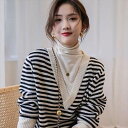 2色 ニット トップス 深め Vネック ボーダー ラフ ゆったり カジュアル セーター 個性的 レディース シンプル 大人可愛い キュート ラブリー 上品 長袖...