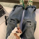 ジーパン ジーンズ デニム カッコイイ キュート ワイドパンツ スマイル ニコちゃん キャラクター パンツ ロング ロング丈 カジュアル ボトム シンプル 春 ...