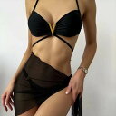 ビキニ タンキニ 黒 レディース パレオ付き 3点セット 体型カバー セクシー かっこいい 紐 ブラジリアン ビキニ 海外 レディース ブラック V シフォン ...