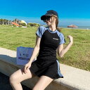 2色 タンキニ レディース 水着 セパレート 体型カバー スポーティー ラッシュガード ワンポイント ロゴ 半袖 Tシャツ バイカラー ミニスカート 黒 無地 ...