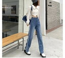 デニム レディース パンツ ボトムス ハイウエスト ジッパー ポケット 個性的 マニッシュ ボーイッシュ バイカラー サイドライン デニムパンツ ワイドパンツ ...