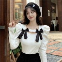 2色 ニット トップス レディース 長袖 セーター リボン かわいい 大人可愛い 白 黒 バイカラー パフスリーブ 個性的 ガーリー コーデ きれいめ おしゃれ...