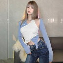 カットソー ロンT レディース セクシー ミニ丈 へそ出し かっこいい タイト 長袖 トップス 春 秋 薄手 Tシャツ ホルタ-ネック風 白 青 ブルー ホワイト バイカラー お腹見せ 肌見せ レイヤード リブ 無地 春 夏 10代 20代 ストリート スポーティー 薄手 スリム イベント 着