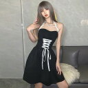 キャバドレス ミニ ワンピース フレア かわいい 黒 ブラック レースアップ ベアトップ ホルタースネック Aライン モノトーン 個性的 小悪魔 ファッション 韓国 ワンピドレス バイカラー モノクロ ウエストマーク 胸元 谷間 大人可愛い お洒落 ラブリー キュート ガーリー セ