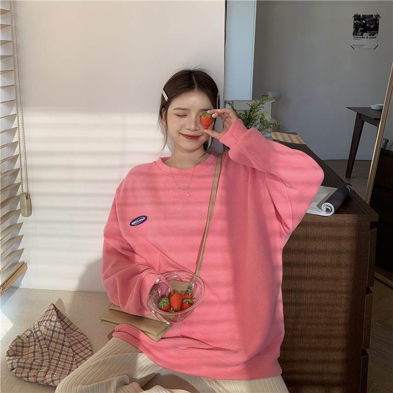 4色 トレーナー おしゃれ ストリート ルーズ 長袖 春 秋 トップス レディース 青 緑 紫 グレー ピンク パープル 無地 ロゴ ワンポイント 大人可愛い ...