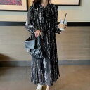 ワンピース レディース ミモレ 長袖 透け感 かっこいい 個性的 ミドル丈 モノトーン Vネック シフォン リボン 春 秋 ワンピ ドレス 大人可愛い かっこい...