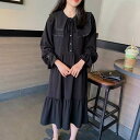 ワンピース レディース 黒 ミモレ ビックカラー フリル リボン 長袖 大人可愛い 個性的 ティアード ワンピ ドレス ブラック レトロ 大人可愛い ラブリー ...