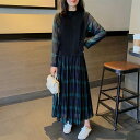 ワンピース レディース ロング丈 ニット 無地 チェック プリーツ 長袖 襟なし ラウンドネック 切替 フェイクツーピース 大人可愛い かっこいい 黒 緑 ブラ...