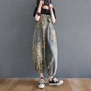 デニム オーバーオール サロペット 花柄 黄色 レディース フラワー ボタニカル デイジー柄 可愛い おしゃれ 個性的 カジュアル アシンメトリー ダボダボ パ...