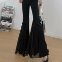 フレア パンツ ロング丈 タイト 黒 無地 スリム パンツ レディース ボトムス 透け感 シースルー ワイドパンツ ブーツカット スタイルアップ カッコイイ ラ...