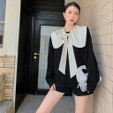 長袖 トップス リボン ビッグカラー 黒 インパクト 個性的 プルオーバー トレーナー モノトーン バイカラー ガーリー ラブリー モテる スタイルアップ レトロ 可愛い スタイリッシュ レディース 小さいサイズ S M L 大きいサイズ XL ブラック 黒 春 夏 カワイイ おしゃれ デ