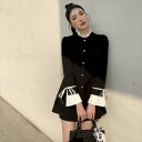 ワンピース ドレス 黒 レディース ミニ Aライン 上品 リボン プリーツ カッコイイ フリル バイカラー 黒白 ショート丈 無地 カワイイ ワンピ キュート ...
