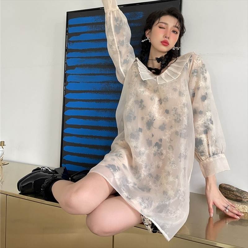 ワンピース ミニ 透け感 シースルー 上品 華やか ゆったり レトロ ショート丈 花柄 ワンピ ドレス 襟付き カワイイ キュート ガーリー レディース カジュアル パーティードレス 小さいサイズ S M L おしゃれ 半袖 春 秋 冬 スプリング オータム ウインター ベージュ きれいめ