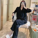 2色 パジャマ ルームウェア 市松模様 長袖 上下セット 春 秋 カッコイイ スタイリッシュ レディース 部屋着 ラフ ナイトウエア 寝間着 ツーピース 黒 白...
