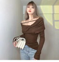 2色 カットソー ニットソー レディース オフショル 長袖 セクシー 黒 茶色 無地 春 秋 トップス ロンT ニット 薄手 可愛い 個性的 肩出し タイト ブラック ブラウン ワンショル スリム スリムフィット 萌袖 細身 クール ギャル 10代 20代 デート お出かけ パーティー イベン