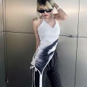 キャミソール 袖なし トップス レディース 白 アシンメトリー 個性的 カッコイイ ロング丈 ミニ丈 肌見せ セクシー ノースリーブ タンクトップ ホルターネック 絞り染め風 スリム タイト 大人 おしゃれ お洒落 カジュアル かっこいい 主役級 存在感 S M L ホワイト 春 夏 10