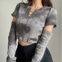 カットソー ロンT レディース 長袖 ミニ丈 ヘソ出し セクシー タイダイ 絞り染め レースアップ 切り替え カットアウト グローブ風 ストリート レトロ 薄手 半袖 トップス 春 夏 秋 グレー Tシャツ ダンス 肌見せ お腹見せ ロングスリーブ ワンポイント メロウ ロゴ ショート(4)