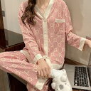 2色 パジャマ ルームウェア パンツ 上下セット レディース Vネック 前開き ピンク 青 長袖 春 秋 ボタン モノグラム レトロ ジャガード シンプル かわ...
