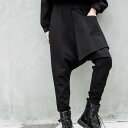 サルエルパンツ ボトムス レディース 奇抜 個性的 黒 ブラック 切り替えデザイン アシンメトリー ロングパンツ ズボン 女性用 ロック 大きいサイズ ウエストゴム アシメ パンク シンプル カジュアル 大人 おしゃれ お洒落 かっこいい ラフ ボーイッシュ スポーティー クール