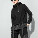プルオーバー デザインパーカー 黒 ブラック フロントジップ レディース カッコイイ 個性的 ロック 長袖 トップス 春 秋 ドローストリング ぺプラム 大きいサイズ ハイネック スタンドカラー フード付き フーディー 異素材MIX カジュアル 大人 かっこいい こなれ感 ラフ メ