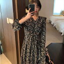 ロング ワンピース 花柄 黒 ミモレ丈 長袖 ワンピ ドレス Vネック Aラインスカート ガーリー ゆったり 小花柄 華やか カワイイ 上品 大人女子 レディー...