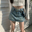 4色 デニム ミニスカート ショートパンツ付き ハイウエスト ベルト付き カッコイイ セクシー 大人可愛い 台形 スカート ミニ ボトムス 淡色 青 ブルーデニ...