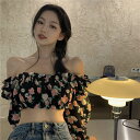 超ミニ 花柄 ブラウス 長袖 トップス シフォン 透け感 セクシー オフショルダー 2way 大人可愛い レトロ ガーリー 肌見せ ヘソ出し 肩出し 黒 バラ 薔薇柄 おしゃれ 個性的 ショート丈 ビスチェ風 春夏 シャツ トップス 韓国 ファッション モテコーデ お出かけ カジュアル イ