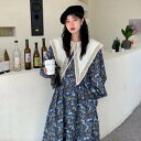 ロングワンピース 花柄 ビックカラー レトロ 可愛い 個性的 フレア ワンピース ドレス ミモレ丈 レース 襟付き 長袖 ロングスカート ガーリー ゆったり 華...