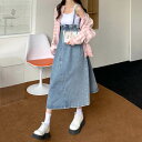 ミモレ丈 ワンピース デニム ジャンスカ サスペンダー付きスカート レトロ かわいい カジュアル ガーリー 個性的 ロングスカート 水色 淡色 ブルーデニム フ...