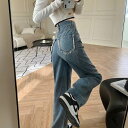 ジーパン ジーンズ デニムパンツ ルーズ ストレート ハイウエスト バックシャン ポケット ゆったり カジュアル ロングパンツ スタイルアップ スポーティ カッ...