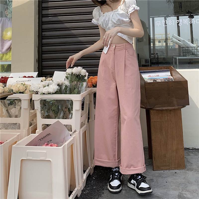 3色 パンツ ロング丈 カジュアル タック デニム ホワイト ピンク パープル 無地 ゆったり ラフ