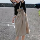 2色 Tシャツワンピース 膝丈 ミモレ丈 ドッキング ワンピース 重ね着風 無地 半袖 ワンピ 個性的 カジュアル 大人可愛い かっこいい 茶 緑 アシンメトリ...