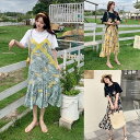 6色 ドッキング ワンピース ミモレ丈 フレア 半袖 春 夏 ワンピ ドレス レディース 花柄 フラワー フローラル ボタニカル 黒 黄色 青 赤 バイカラー ...