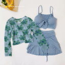 3色 ビキニ 水着 レディース 3点セット タンキニ Tシャツ 花柄 ラッシュガード フレアスカート リボン シャーリング リボン 青 ピンク 無地 かわいい おしゃれ 個性的 フラワー カジュアル スポーティー 体型カバー 水着 セパレート 上下セット ショートパンツ グリーン パ