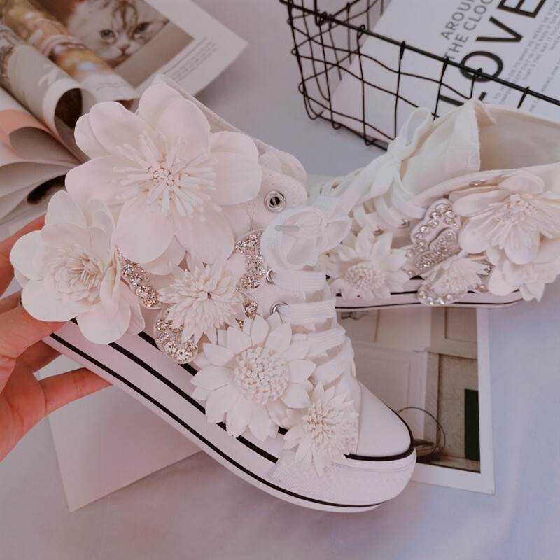 ハイカット スニーカー ビジュー 花 フラワー ラインストーン デコ シューズ レディース 白 無地 カジュアル ストリート ファブリック 布 厚底 靴 クツ ...