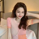 2色 ニット 半袖 トップス ショート丈 へそ出し リブ バイカラー プルオーバー マルチカラー 切り替え タイト ニット カジュアル ポップ ガーリー 韓国 ...