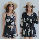 セパレート 水着 3点セット 花柄 黒 大人かわいい 体型カバー 大きいサイズ 2xl 3xl 4xl 5xl タンキニ ビキニ 水着 シャツ ブラウス フェミ...