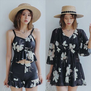 セパレート 水着 3点セット 花柄 黒 大人かわいい 体型カバー 大きいサイズ 2xl 3xl 4xl 5xl タンキニ ビキニ 水着 シャツ ブラウス フェミニン フラワー ボタニカル 柄 フリル シック レトロ スリーピース イイ女 レディース 韓国 水着 ママ ブラック 二の腕カバー お腹カバ